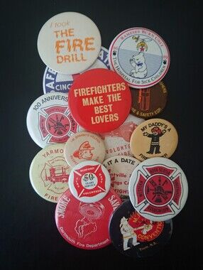 Vintage Round Pin Button Lot - (15x) Firefighter Buttons - Fire Safety /Rescue